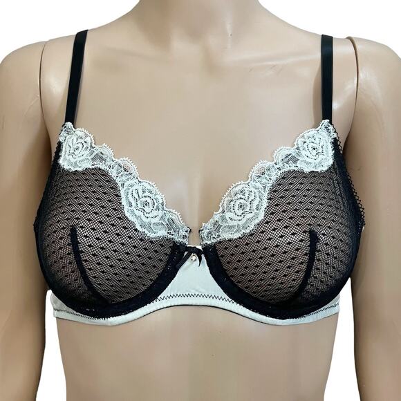 Miss Studio La Perla Sheer Mesh Lace Bra 34B Satin Wired Coquette Black White - Picture 1 of 10